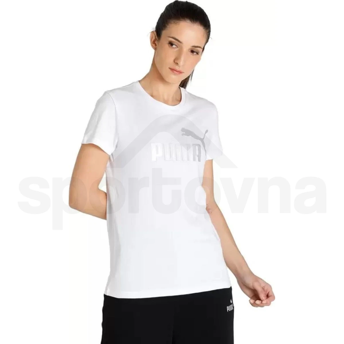 Dámské tričko Puma ESS+ Metallic Logo Tee W 84830302 - white/silver metallic  - Sportovna | Sport-T-Shirts